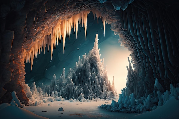 Frozen cave full of stalactites and stalagmites creating a surreal landscape created with generative