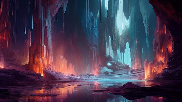 A frozen cave with a blue ice cave in the background.