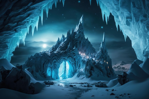 A frozen cave with a blue ice cave and a glowing ice cave.