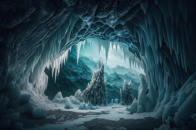 A frozen cave with icicles hanging from the ceiling and stalactites growing from the ground created