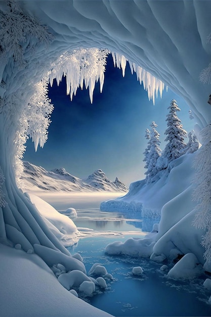 A frozen cave with a mountain in the background