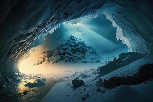 A frozen cavern illuminated by a beam of light streaming through a hole in the ceiling created with