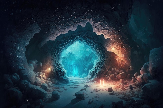 A frozen cavern illuminated by the glow of magical crystals and precious gems created with generativ