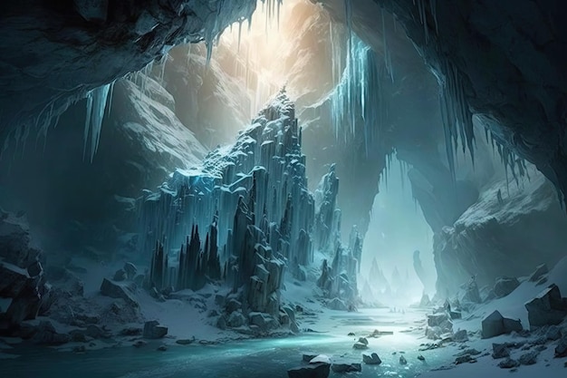 A frozen cavern with a glistening waterfall and icicles hanging from the ceiling created with genera