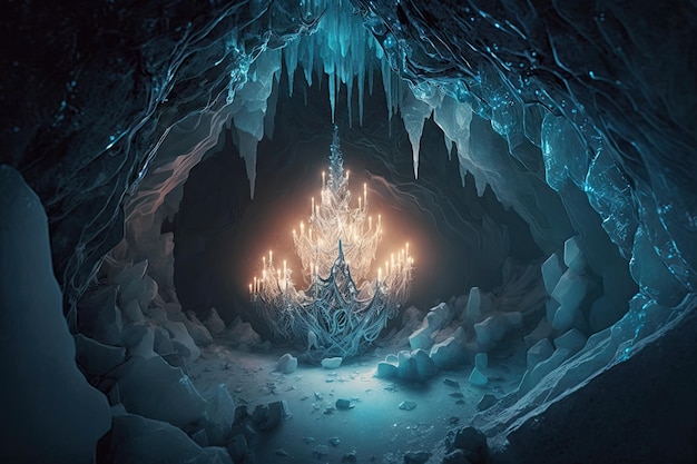 A frozen cavern with a glittering ice crystal chandelier illuminating the space created with generat