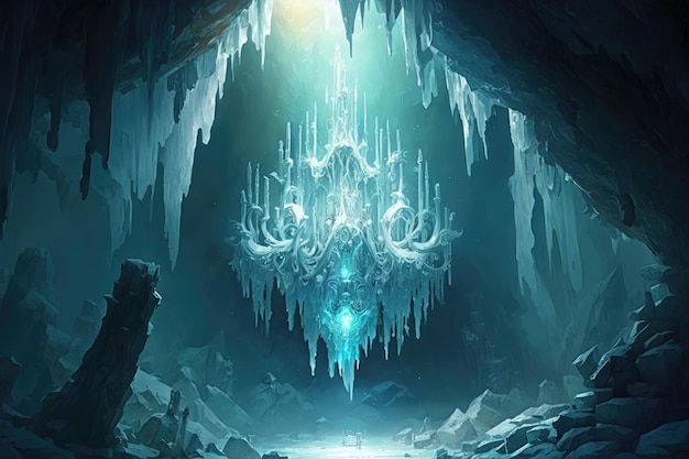 A frozen cavern with a glittering ice crystal chandelier illuminating the space created with generat