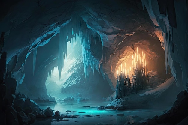 A frozen cavern with icicles hanging from the ceiling casting a dreamy glow over everything created