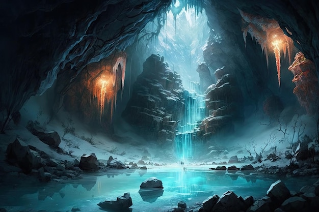 A frozen cavern with icicles hanging from the ceiling and crystalclear water flowing through an unde