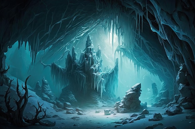 A frozen cavern with icicles hanging from the ceiling and stalactites reaching towards the floor cre