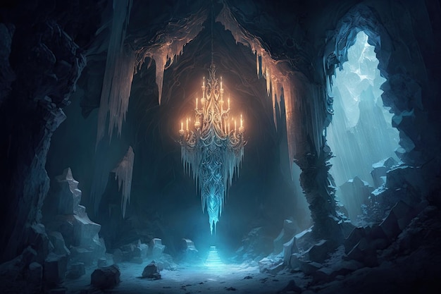 A frozen cavern with a large icecrystal chandelier illuminating the space and creating an otherworld