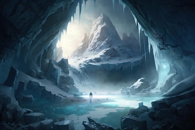 A frozen cavern with a large underground lake surrounded by towering ice walls created with generati