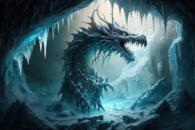 A frozen cavern with a natural ice sculpture of a dragon surrounded by icicles and stalactites creat