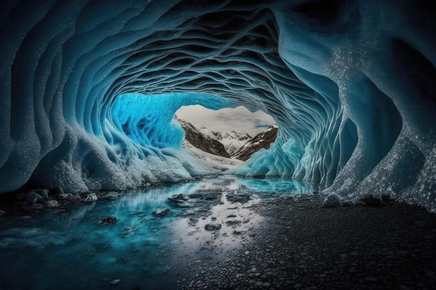 A frozen cavern with a river running through it creating beautiful blue ice sculptures created with