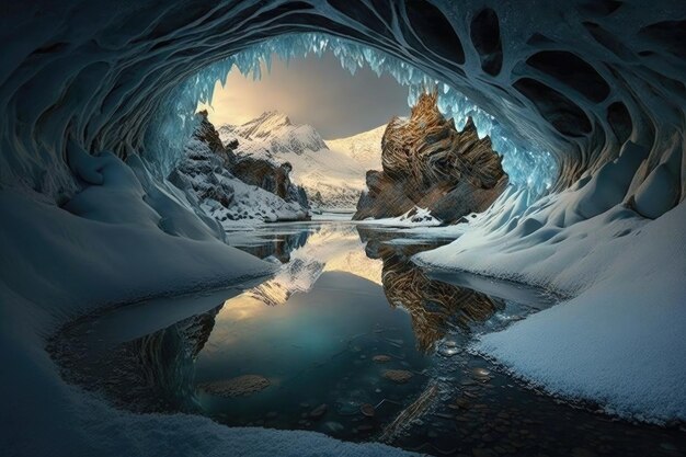 A frozen cavern with a river running through it creating beautiful reflections created with generati