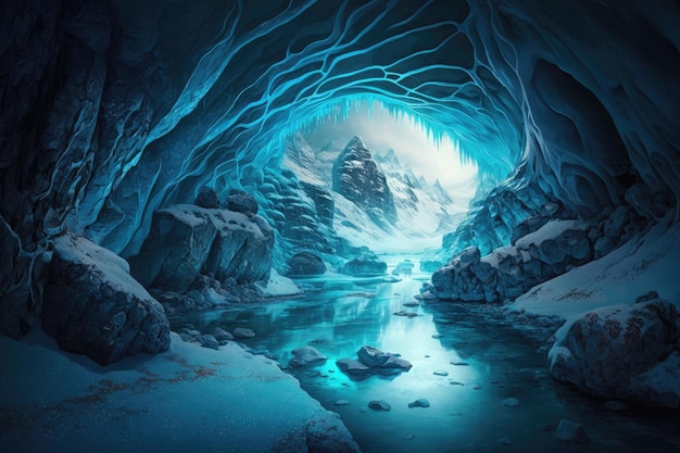 A frozen cavern with a river running through it creating an ethereal blue glow against the ice creat