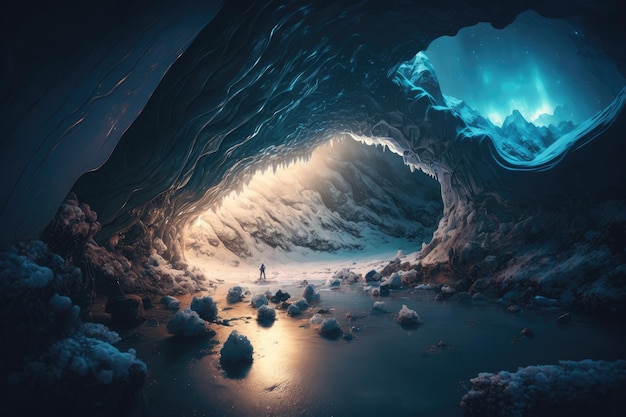 A frozen cavern with a river running through it illuminating the space with its glistening surface c