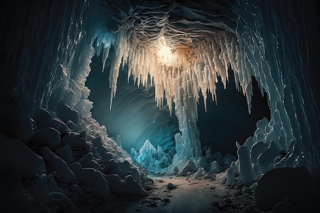 A frozen cavern with a series of ice formations and icicles including a natural icicle chandelier cr