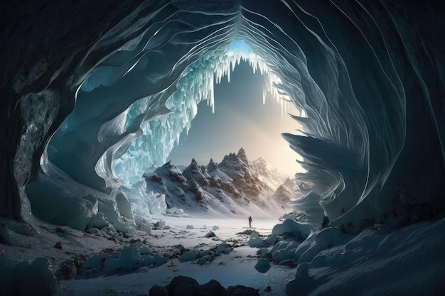 A frozen cavern with a towering ice formation illuminated by natural light streaming through the ope