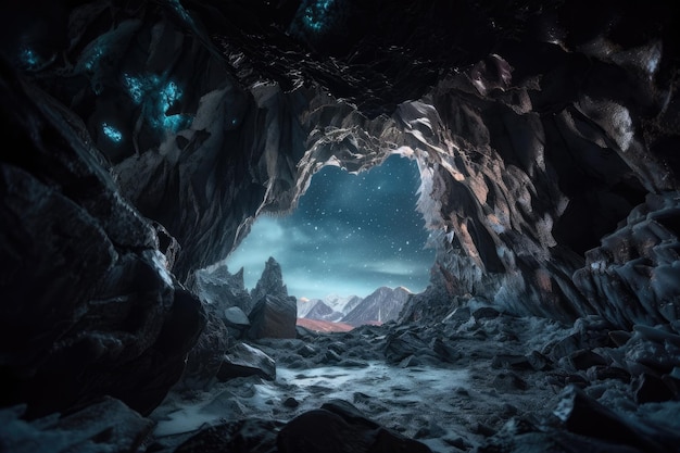 Frozen cavern with view of the night sky stars shining above created with generative ai