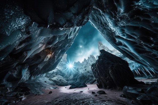 Frozen cavern with view of the night sky and stars twinkling overhead created with generative ai