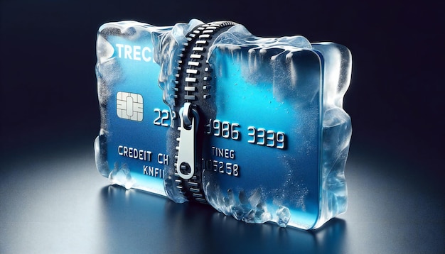 Frozen Credit Card in Ice Block Financial Freeze Concept perfect for financial crisis credit freeze