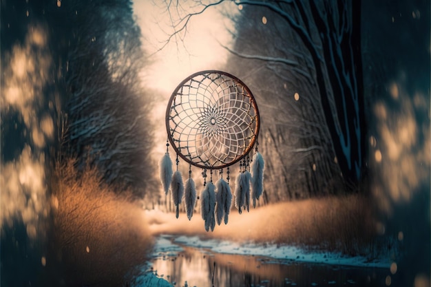 Frozen dream catcher with blurred winter forest in background created with generative ai