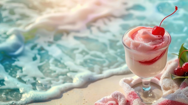 Frozen drink with cherry by ocean waves