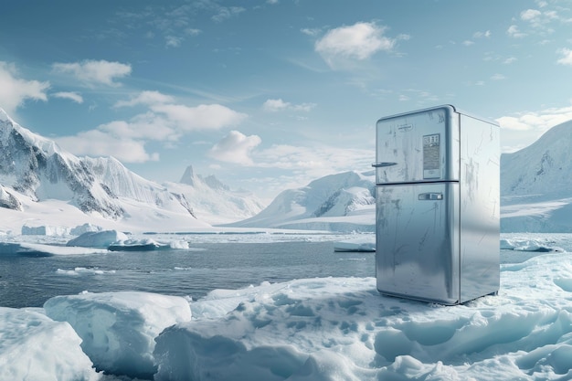 Photo frozen fridge stands on ice in antarctica advertise banner concept background with space for text