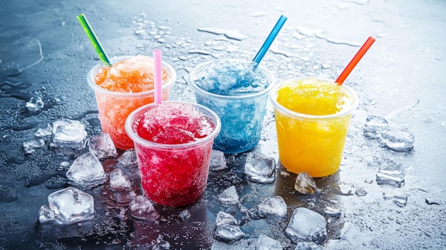 Photo frozen fruit slush granita drinks in plastic cups with lids and straws for refreshing summer treats generative ai