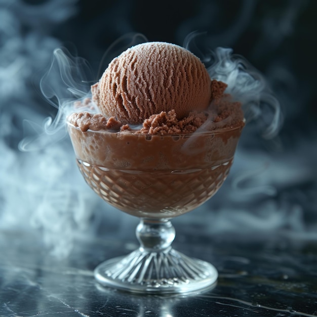 Frozen gelato ice cream with sweet fruit flavors served in a glass with the appearance of smoke and