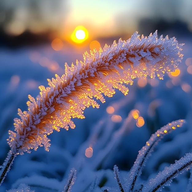 Photo frozen grass blades illuminated by sunset photo