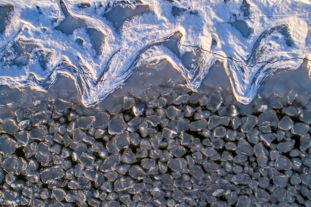 Frozen ice on as a background a bird'seye view Textured surface