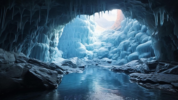 a frozen ice cave with a frozen ice cave in the background