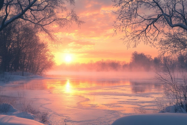 Photo a frozen lake glowing under the morning sun