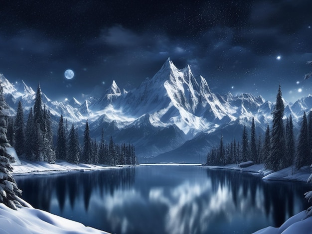 Frozen Lake in Middle Forest and Mountain at Night