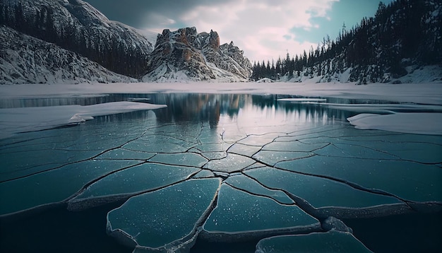 Frozen lake in the mountains Generative AI