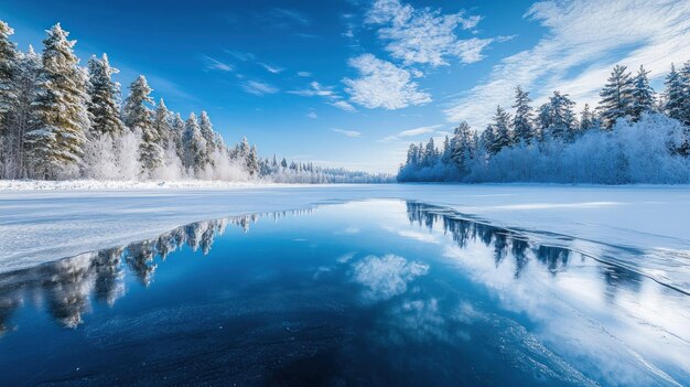 Frozen Lake Reflecting Snowy Trees and Blue Sky