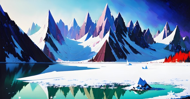 Frozen lake and snow capped mountains Glacier lake scenery Ice Melting Generative ai for children book stories fairytales