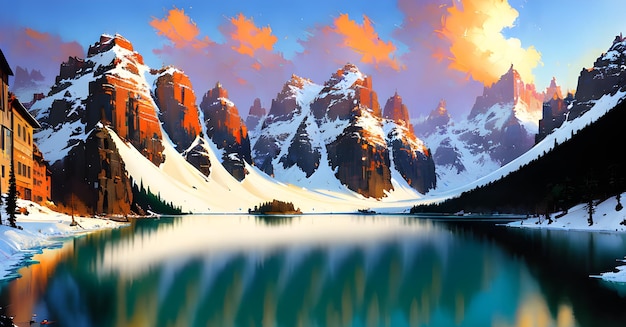 Frozen lake and snow capped mountains Glacier lake scenery Ice Melting Generative ai for children book stories fairytales