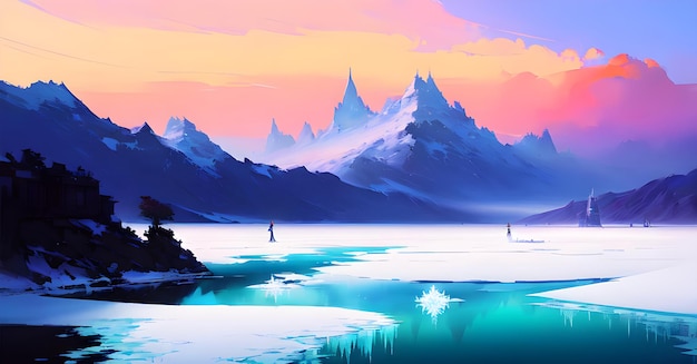 Frozen lake and snow capped mountains Glacier lake scenery Ice Melting Generative ai for children book stories fairytales