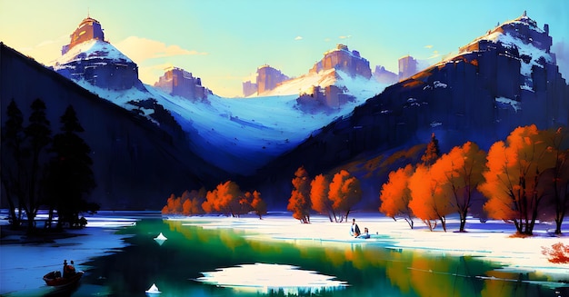 Frozen lake and snow capped mountains Glacier lake scenery Ice Melting Generative ai for children book stories fairytales