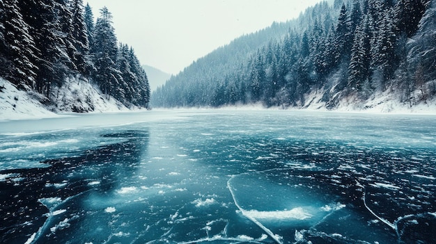 Photo frozen lake in a snowy forest