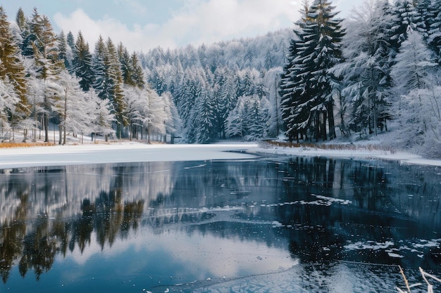 A frozen lake surrounded by snowcovered trees