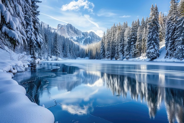 A frozen lake surrounded by snowcovered trees