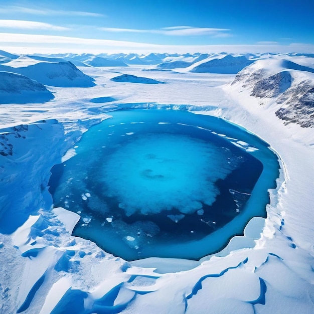 a frozen lake with a blue water pool in the middle