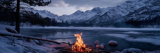 Frozen lake with fire burning in the mountains at night