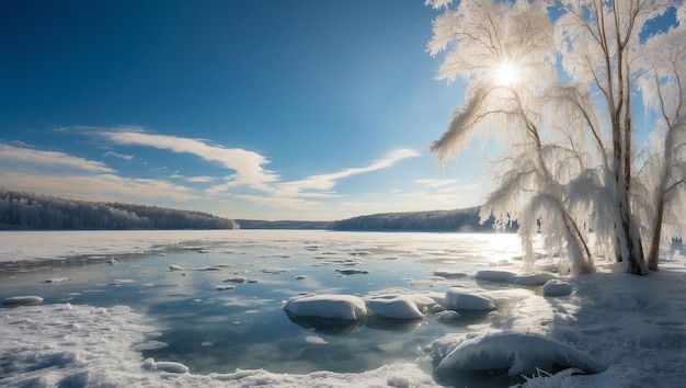 a frozen lake with ice covered rocks and trees