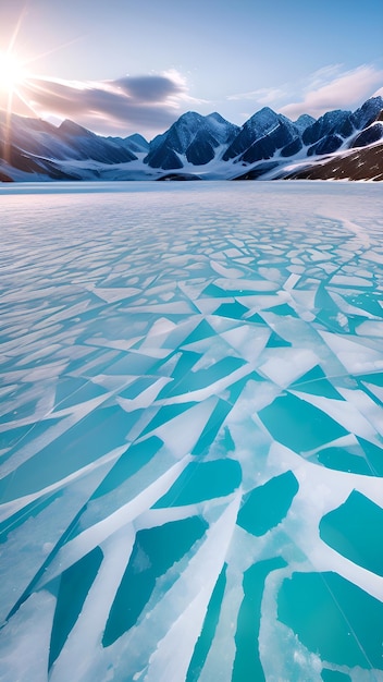 A frozen lake with ice and a mountain in the background