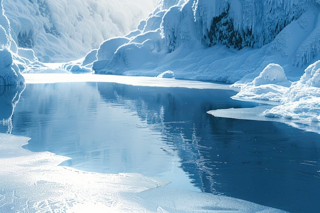 a frozen lake with ice and snow on the water