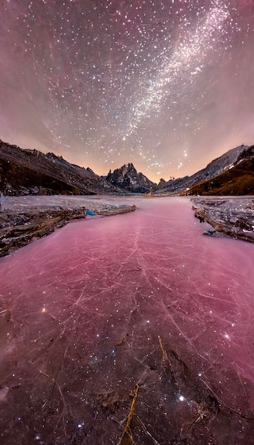 Frozen lake with a mountain in the background generative ai